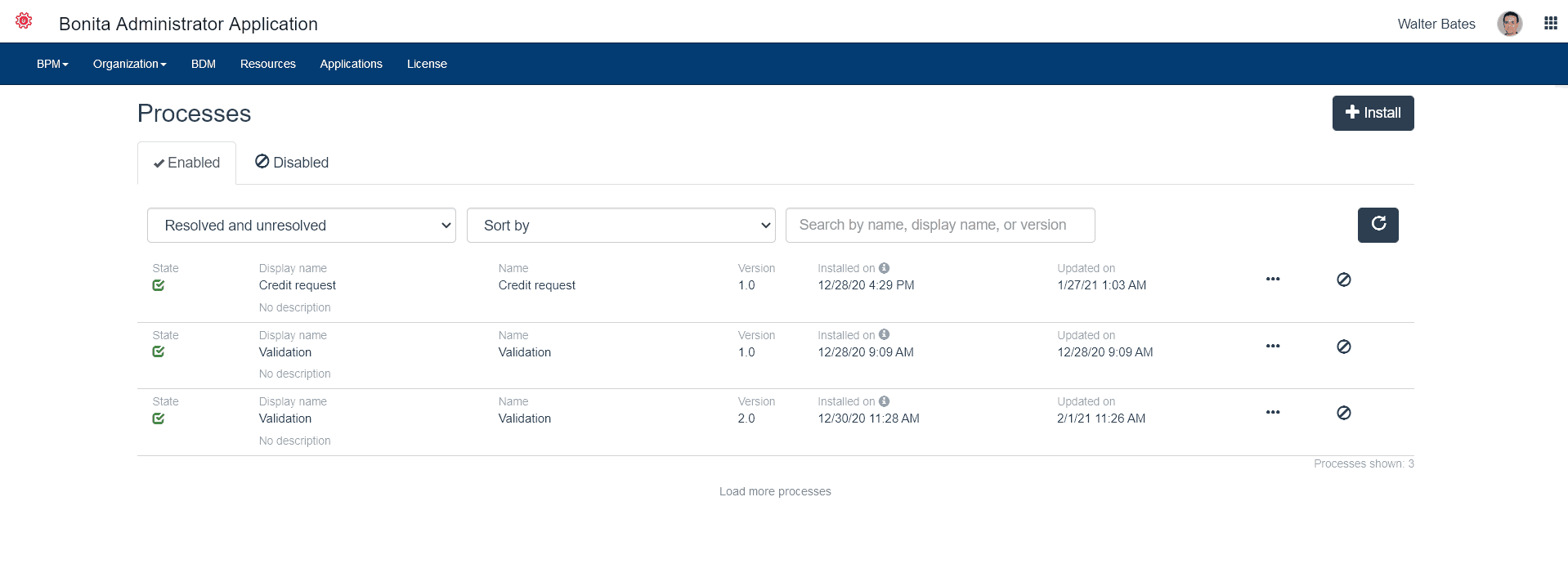 Bonita Administrator Application Process list