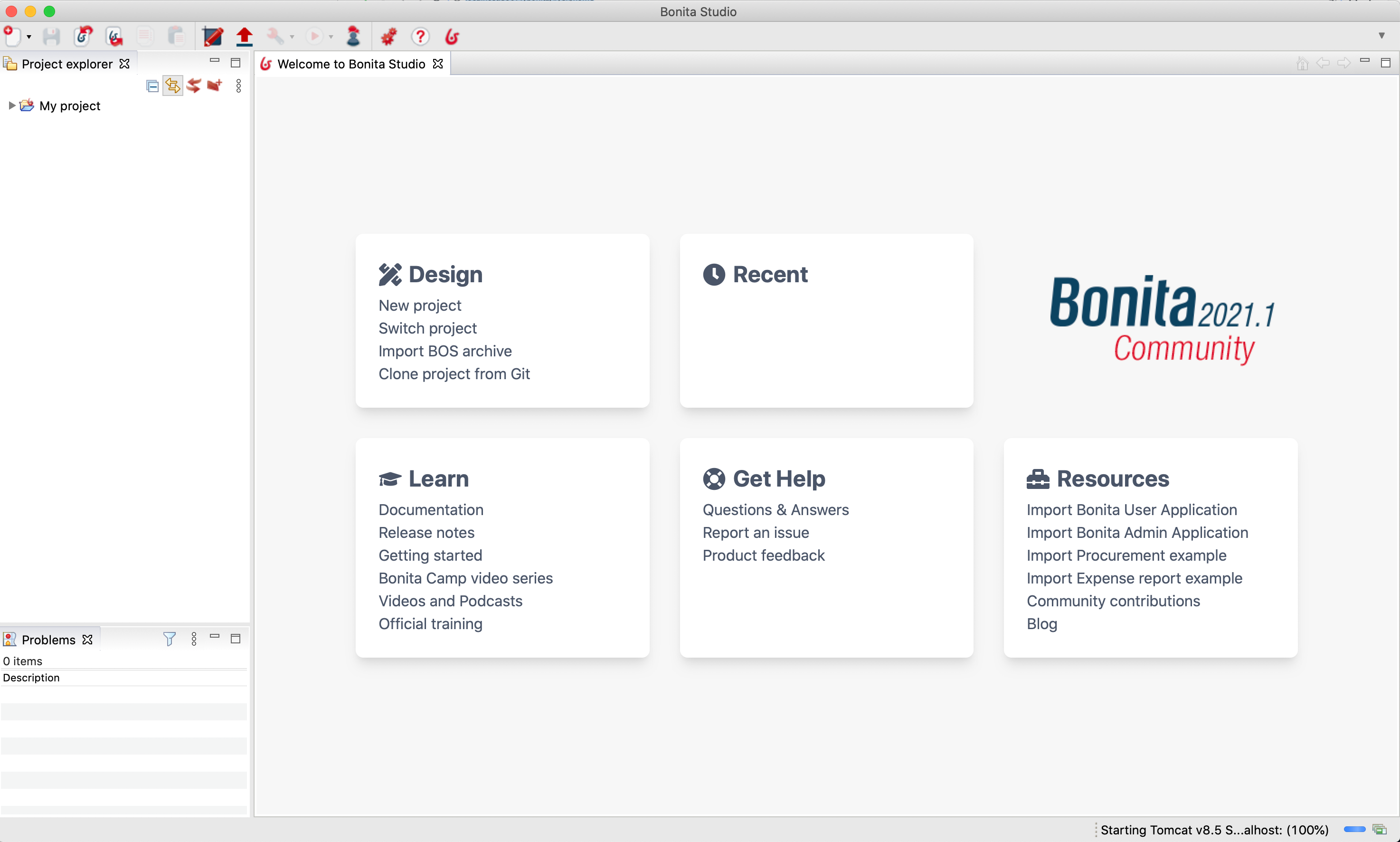 Bonita Studio with welcome page displayed