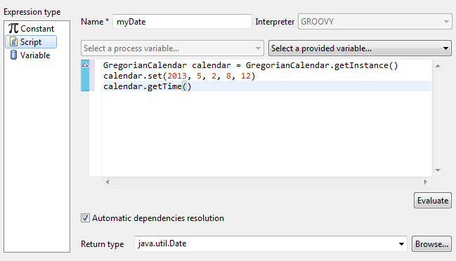 Example of defining a date with a script in the expression editor