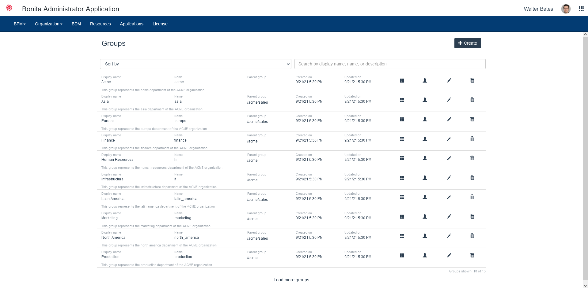 Group list in Bonita Administrator Application