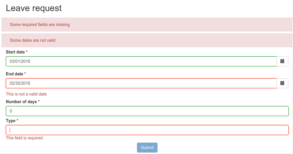 Leave request - filling invalid form with error panel