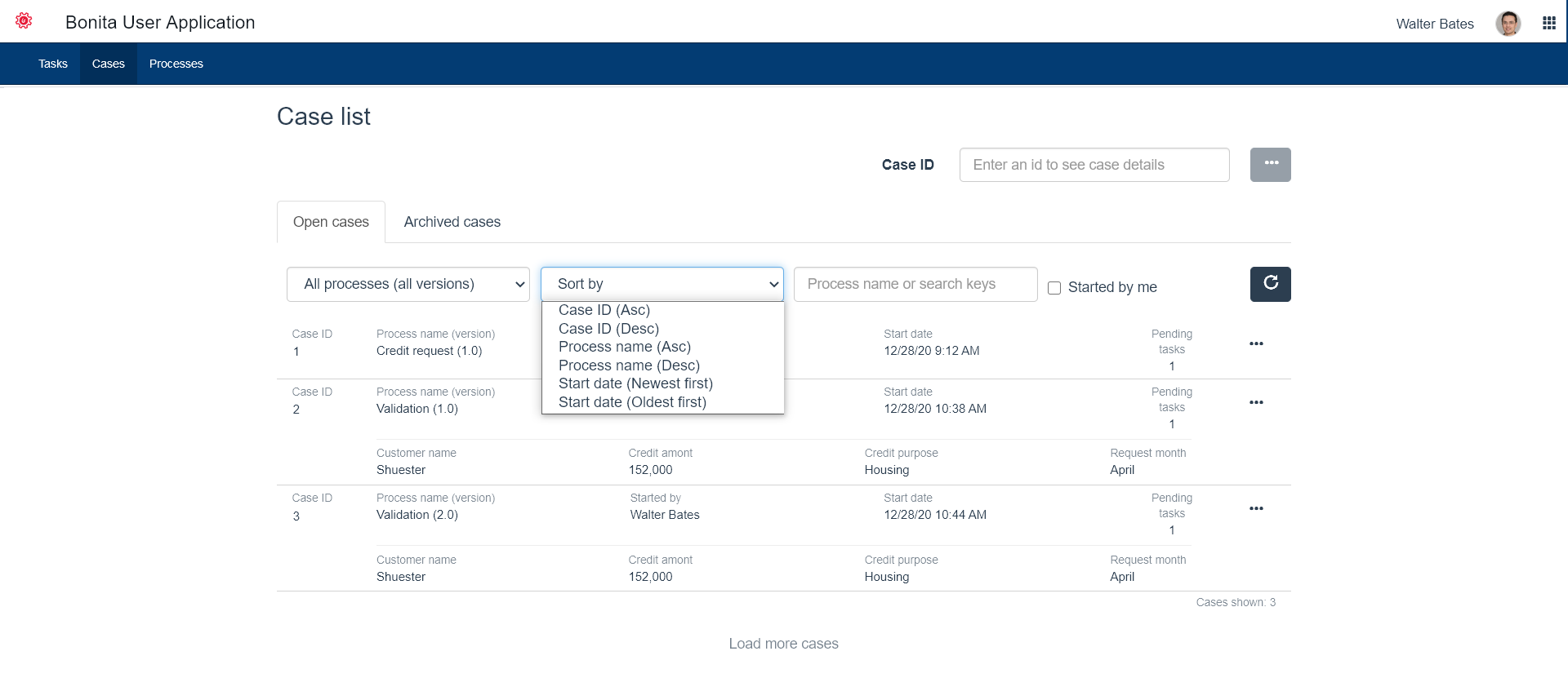 User Case sorting options - Application