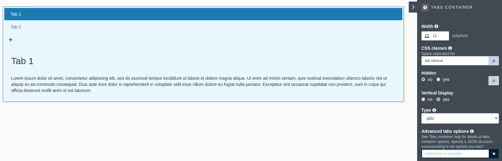 Vertical tabs container configuration