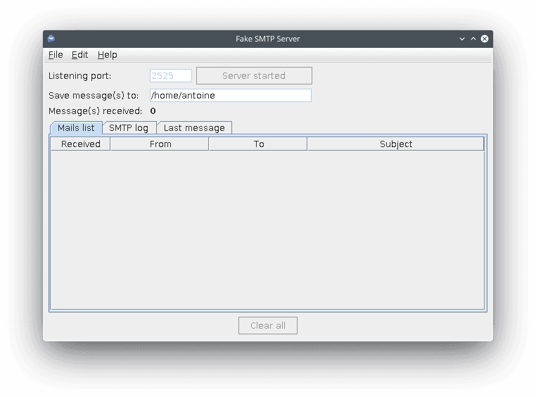 FakeSMTP configured and listening