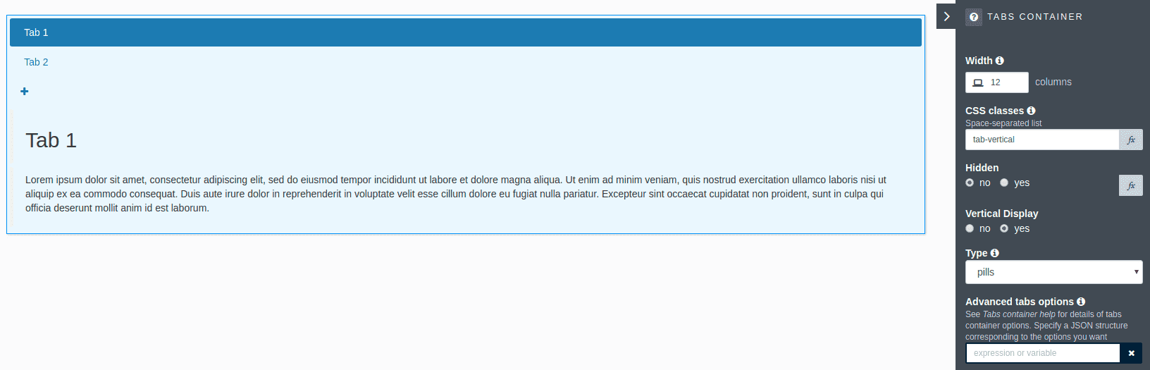 Vertical tabs container configuration