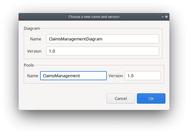 Choose a new name and version pop-up window